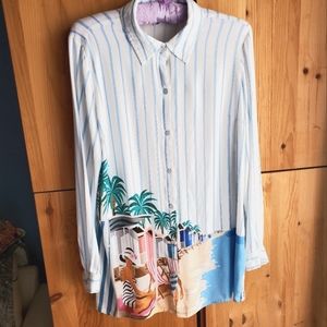 Tribal Jeans White Striped Rayon Longline Blouse with Beach Print size Small